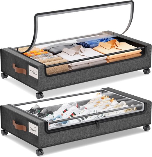 under bed dresser Fokyfok 2Pack Storage Containers,7.3 inch Height,36 inch Long and Light Toffee finishes to match your bedrooms aesthetic Twin-Full Mid-Century Modern Under Bed